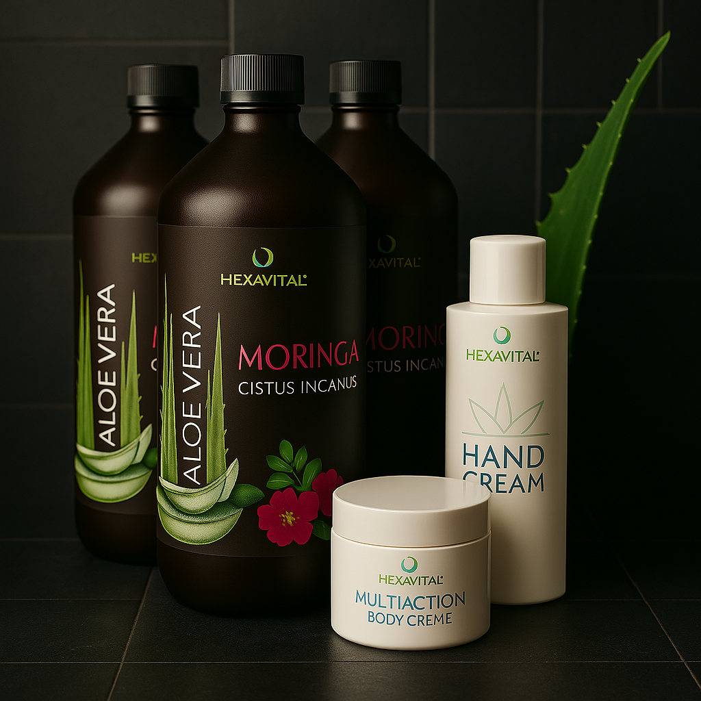 6 x Aloe Vera mit Moringa und Cistus Direktsaft plus Pflege Spar Set - Hexavital