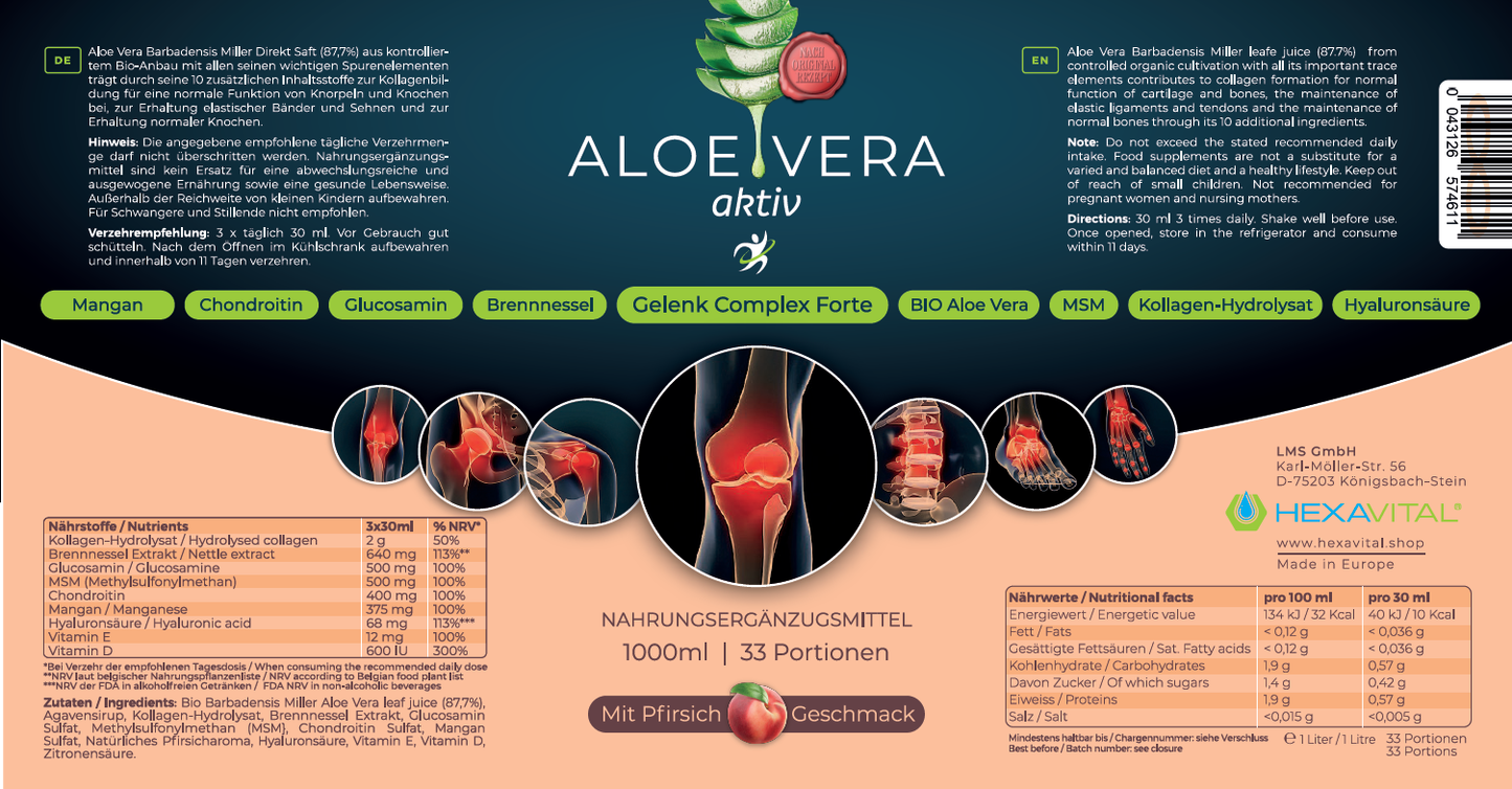 Aloe Vera aktiv Direkt Saft mit einzigartigem Gelenk Complex Forte 1 x 1000ml - Hexavital