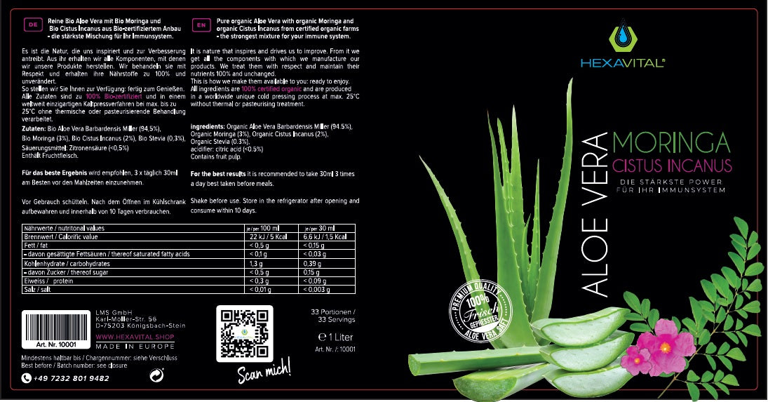 Aloe Vera mit Moringa und Cistus Incanus - 1x 1000ml - Hexavital