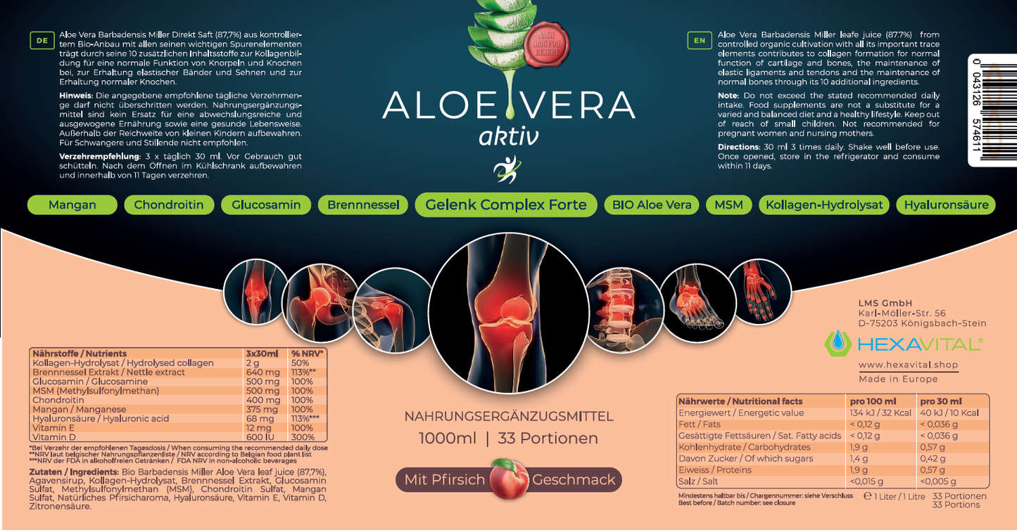Aloe Vera ﻿aktiv Direkt Saft mit einzigartigem Gelenk Complex Forte 1 x 1000ml - Hexavital