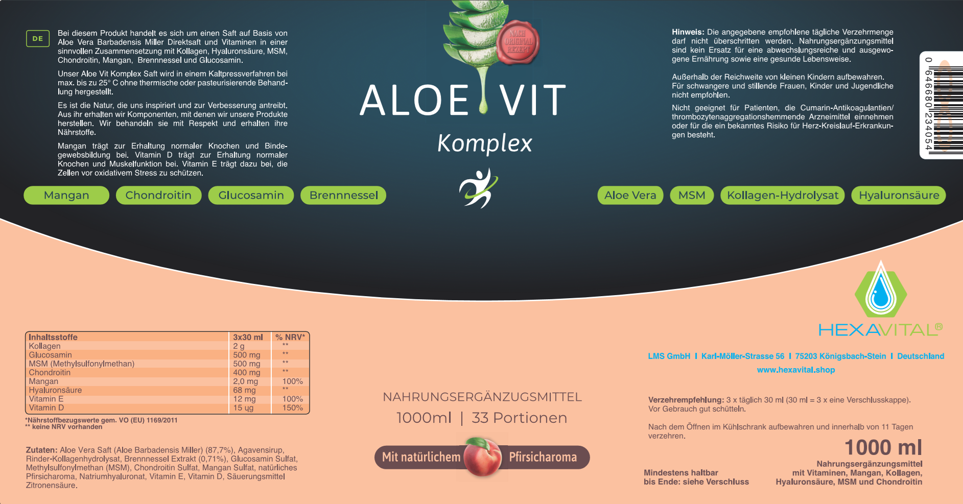 Aloe Vera aktiv Direkt Saft – Mit einzigartigem Gelenk Complex Forte (1x 1000ml) - Hexavital