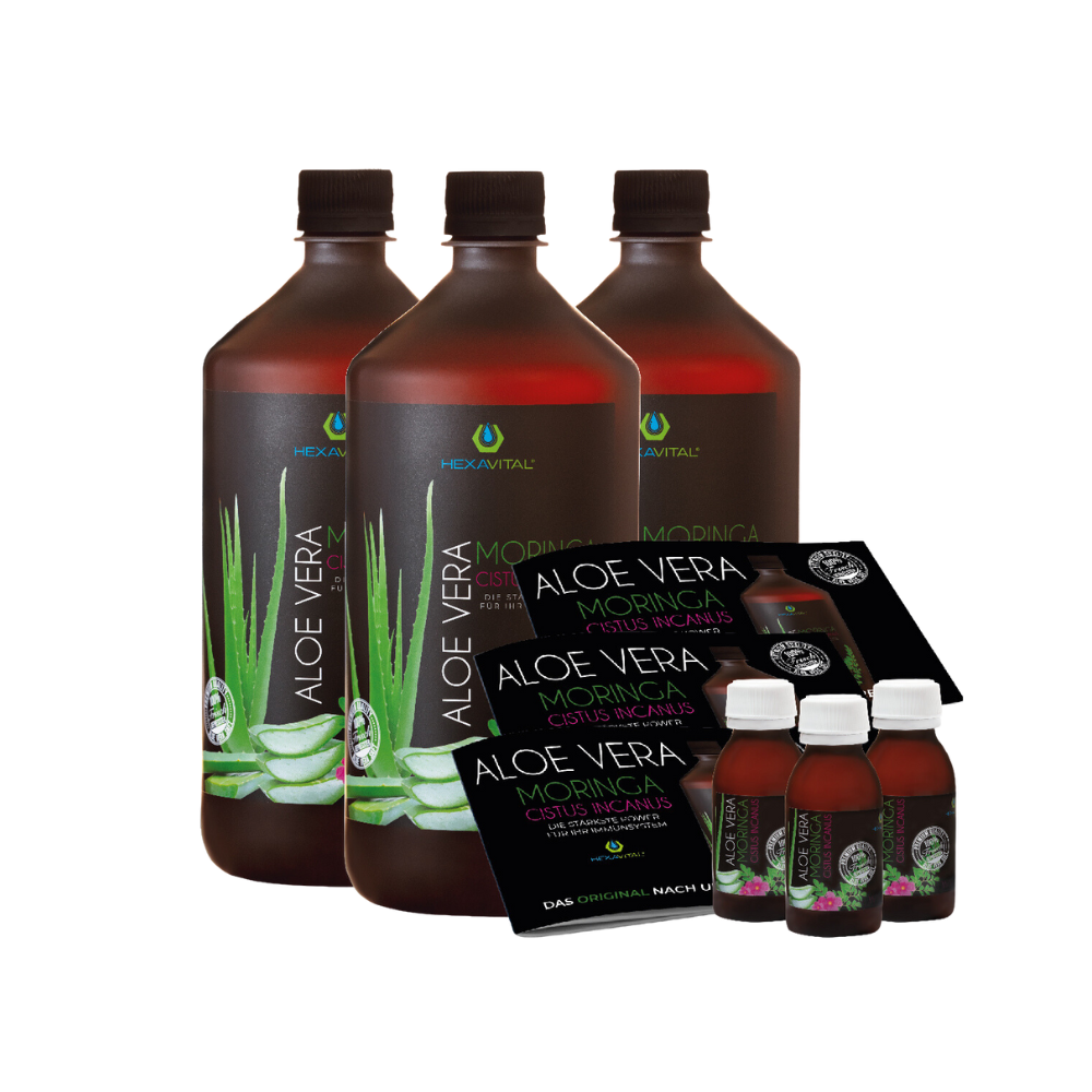 Aloe Vera mit Moringa und Cistus Incanus - 3x 1000ml PLUS *gratis* Probeset - Hexavital