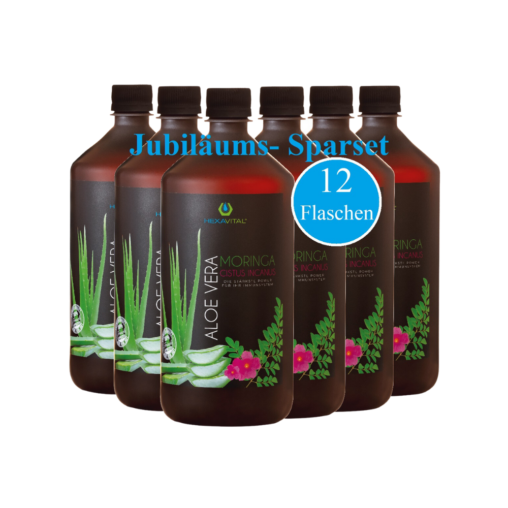 Jubiläums- Sparset - Aloe Vera mit Moringa und Cistus Incanus - 12x 1000ml - Hexavital