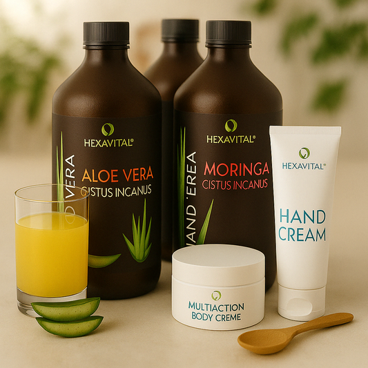 6 x Aloe Vera mit Moringa und Cistus Direktsaft plus Pflege Spar Set